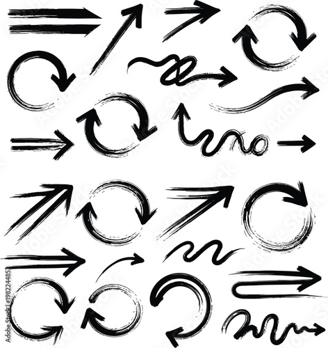 Brush stroke arrows in black and white with web design illustration collection movement straight circular arrowhead navigation interface