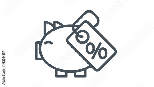 Minimalist vector icon illustration of a piggy bank with a percentage discount tag, representing financial savings, interest rates, banking services, and economic growth in a clean line art style.