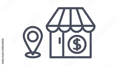 Minimalist black line vector icon of a retail shop building with a striped awning, a dollar sign on the storefront, and a map location pin, symbolizing local commerce and business location.