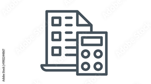 Minimalist black line vector icon illustration of a calculator and a checklist document, representing accounting, financial planning, tax calculation, business reporting, and data analysis.