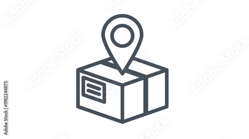 Package tracking and delivery location vector icon illustration. Minimalist black line art symbol of a cardboard box with a GPS map pointer pin, representing shipping destination and logistics.