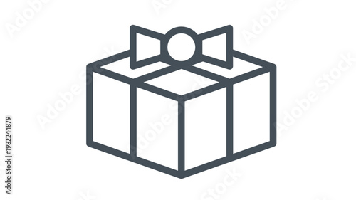 Minimalist black vector icon illustration of a gift box with a ribbon and bow, symbolizing a present, surprise, or package for birthdays, holidays, Christmas, anniversaries, and celebrations.