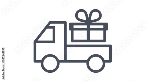 Minimalist black line vector icon of a delivery truck carrying a large gift box with a ribbon bow, symbolizing gift shipping, holiday delivery services, and e-commerce logistics illustration.