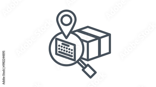 Minimalist black vector icon illustration of a package tracking system featuring a cardboard box, magnifying glass with keypad, and location pin symbol for shipment search and delivery logistics.