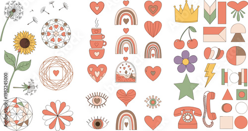 Trendy boho sticker set featuring retro aesthetic elements like rainbows hearts flowers vintage telephones and geometric shapes in a warm earthy palette, vector illustration