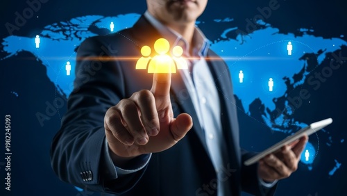 Businessman points to a prominent glowing people icon against a world map, symbolizing global connections.