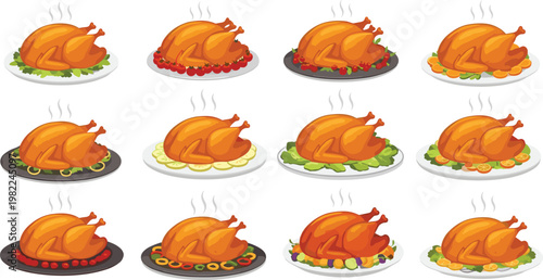 Delicious roasted whole turkey set for Thanksgiving dinner celebration or Christmas feast with various vegetable garnishes and sides, isolated vector illustration.