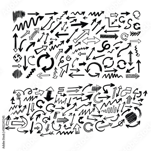 Huge collection of hand-drawn doodle arrows in various directions, black sketch style pointers, different shapes for navigation and UI design elements