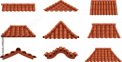 Roof Tile Set Featuring Various Terracotta Roof Designs for Architecture, Construction, and Home Design Illustrations