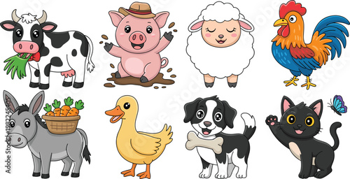 Cute farm animal collection featuring cartoon cow pig sheep rooster donkey duck dog and cat characters for children nursery decor and educational vector design.