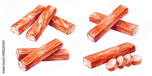 Watercolor imitation crab meat sticks and sliced surimi seafood pieces arranged in stacks, isolated on transparent background