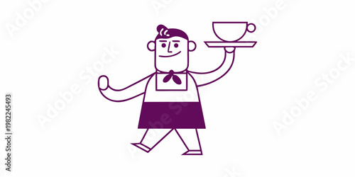 A waiter carrying a cup on a tray simple illustration style
