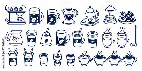 Collection of hand drawn coffee makers cups and related accessories