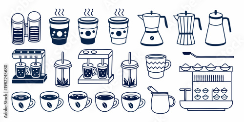 Collection of various coffee makers cups and related brewing tools