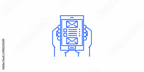 Hands holding a smartphone displaying an email inbox interface