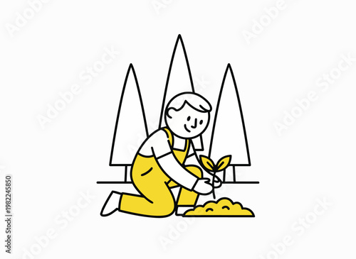 Gardener planting small seedling in soil surrounded by stylized trees.