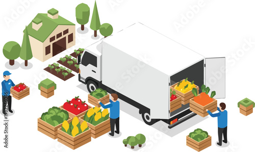 Isometric Farm to Table Delivery Service Illustration: Workers Loading Fresh Vegetables and Fruits into a Logistics Truck for Distribution