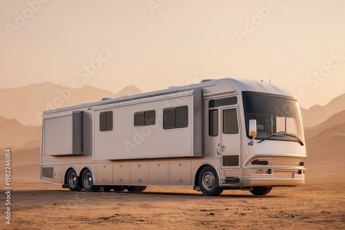 Luxury motorhome parked in desert with mockup