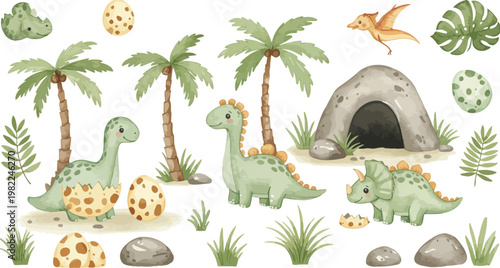 Funny cartoon vector illustration of a wild baby dinosaur with a chicken and eggs, a yellow Easter bunny, and a green snake in a blue nature zoo