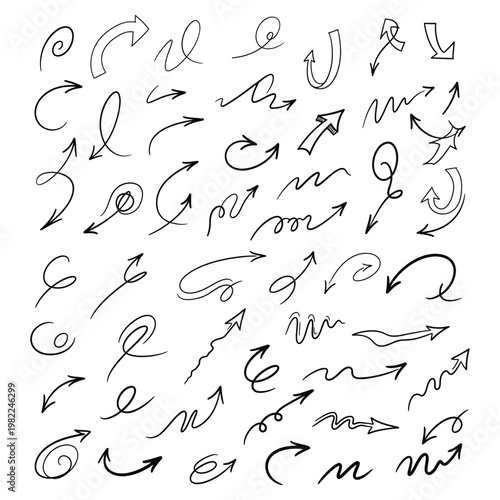 Collection of hand-drawn doodle arrows pointing in various directions, black line art sketch illustration elements, different shapes and styles