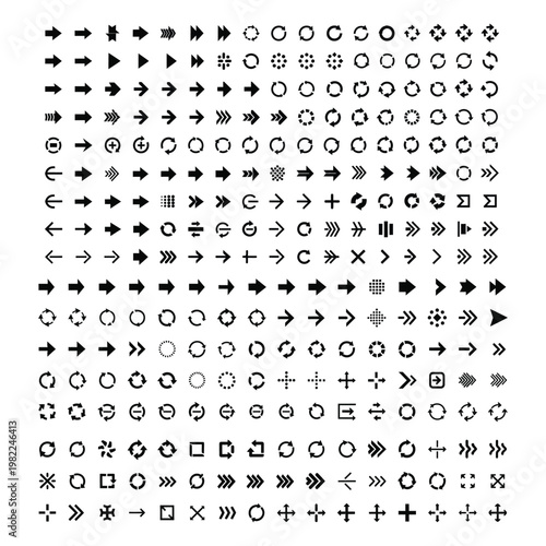 Large set of black and white arrow icons and user interface symbols direction pointers refresh signs plus minus geometric shapes with web design