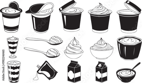 Yogurt in various containers and serving styles. Black and white Yogurt in various containers and serving styles.