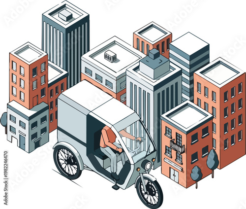Isometric Illustration of an Electric Cargo Tricycle for Urban Delivery in a Smart City Environment, Sustainable Logistics and Eco-friendly Transportation Concept
