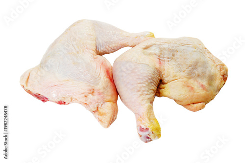Chicken leg quarters, transparent backdrop.