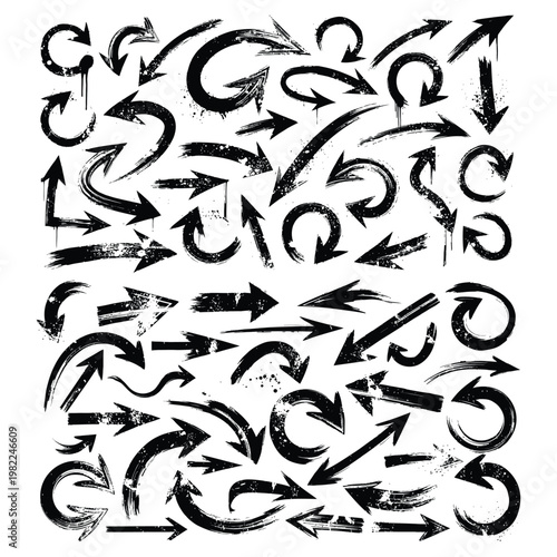 Set of textured grunge brush stroke arrows in various directions and shapes, rough artistic design elements for navigation or communication, dry brush