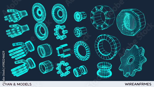 Collection of cyan wireframe mechanical parts and robotic hand components