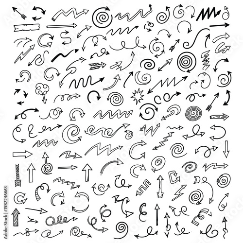 Large collection of hand-drawn doodle arrows in various styles and directions, black outline sketch elements on white background for graphic design