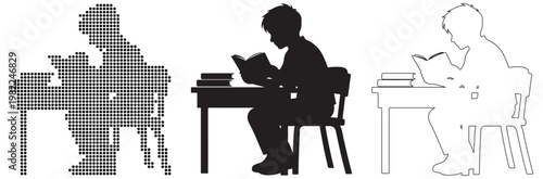 Focused child absorbed in reading a book at a desk, depicted in silhouette