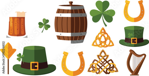 Iconic symbols and items representing irish culture and st patrick's day festivities Vector