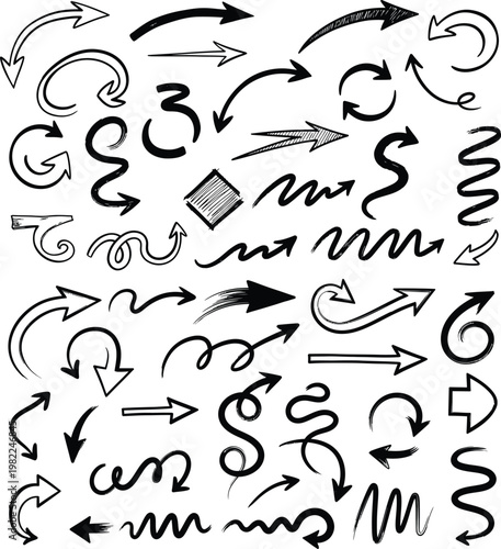 Diverse collection of hand-drawn doodle arrows zig-zag lines spiral shapes black sketch elements for directional indicators with direction, collection