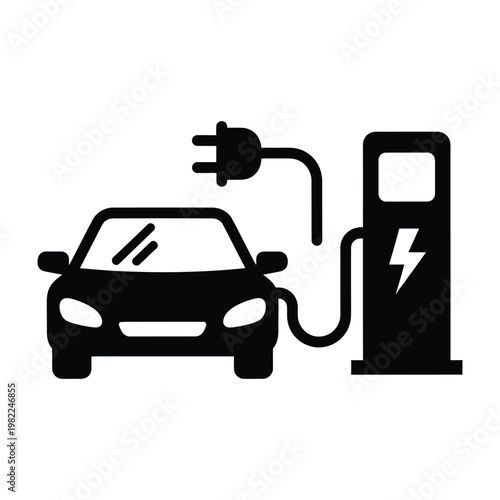 Electric car charging at a charging station with plug vector illustration eco friendly plug in e mobility charging