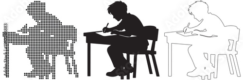 Student diligently writing at a desk, depicted in silhouette and pixelated form