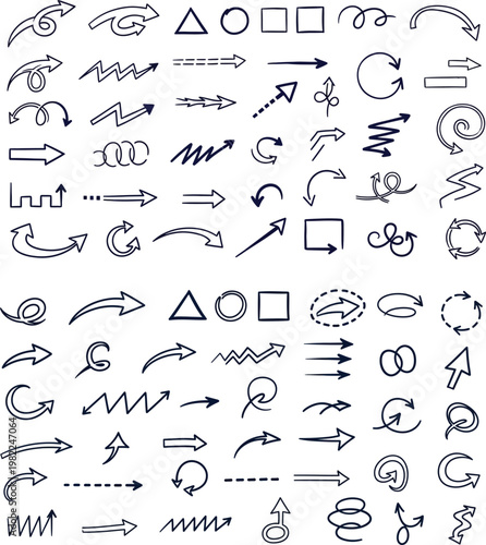 Collection of hand drawn doodle arrows and basic geometric shapes for graphic design with direction straight movement collection illustration