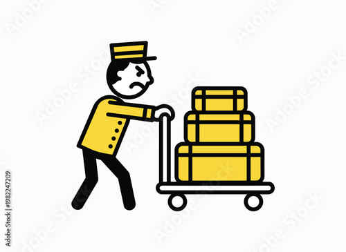 Bellhop pushing luggage cart with suitcases, hotel staff service, hospitality, travel, transportation, concierge, vacation, porter, luggage handler.