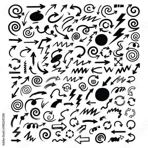 Collection of grunge style hand drawn arrows spirals lightning bolt vector icons direction straight movement collection illustration