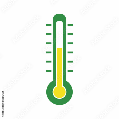 Green thermometer with yellow liquid measuring temperature for weather and health conditions in science and medical use.