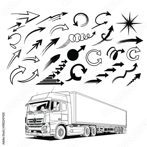 Black and white hand-drawn arrow collection and a detailed semi-trailer truck line art illustration set with design element, movement indicator