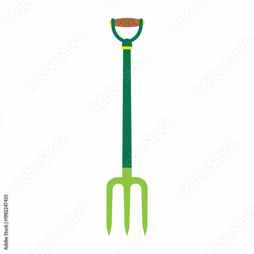 Green garden pitchfork with wooden handle for digging and moving soil in outdoor agriculture and landscaping work.