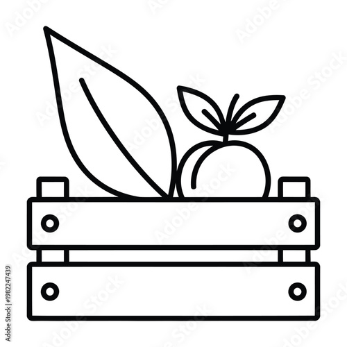 Wooden crate filled with fresh fruit and leaves vector illustration line art still life agriculture container