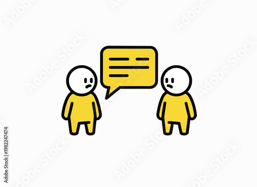 Two sad people figures in yellow clothes with speech bubble showing unhappy communication or disagreement in conversation.