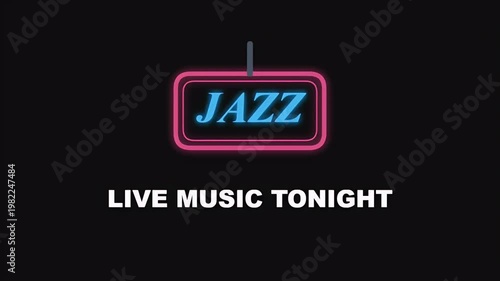 Glowing neon jazz sign flickering on and off with live music tonight text for a bar or club.