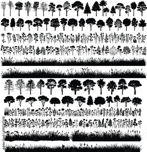 Detailed black silhouette collection of diverse trees plants foliage natural grass borders for landscape design with silhouettes landscape branches