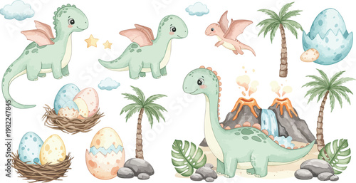 Funny cartoon vector illustration of a wild baby dinosaur with a chicken and eggs, a yellow Easter bunny, and a green snake in a blue nature zoo