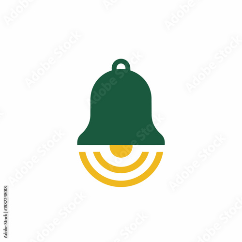 Green bell with yellow sound waves, icon for notification, alert, alarm, or ringing sound.