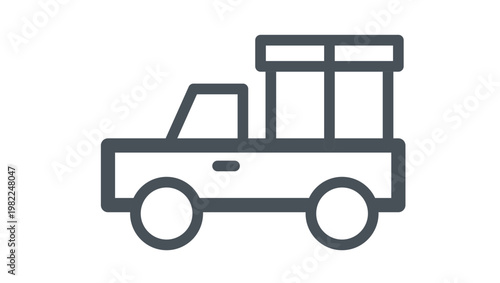Minimalist black vector icon illustration of a pickup truck carrying a large gift box or package in its cargo bed, representing delivery, shipping, logistics, and transportation services.