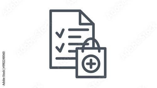 Medical shopping list and pharmacy order vector icon illustration. A black line art symbol of a checklist document with a medical cross shopping bag, representing healthcare supplies and